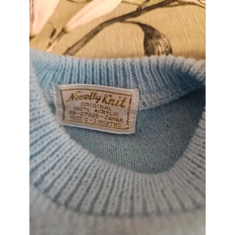 Vintage 70s Novelty Knit Japan Blue Striped Embroidered Puppy Baby Sweater 0-3M